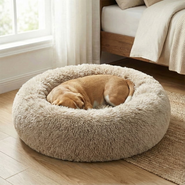 Feandrea Cama de Perros, Cama para Mascotas, Diámetro de 60 cm, Cojín Central Extraíble y Lavable, Alfombra de Felpa, Caqui Ombré