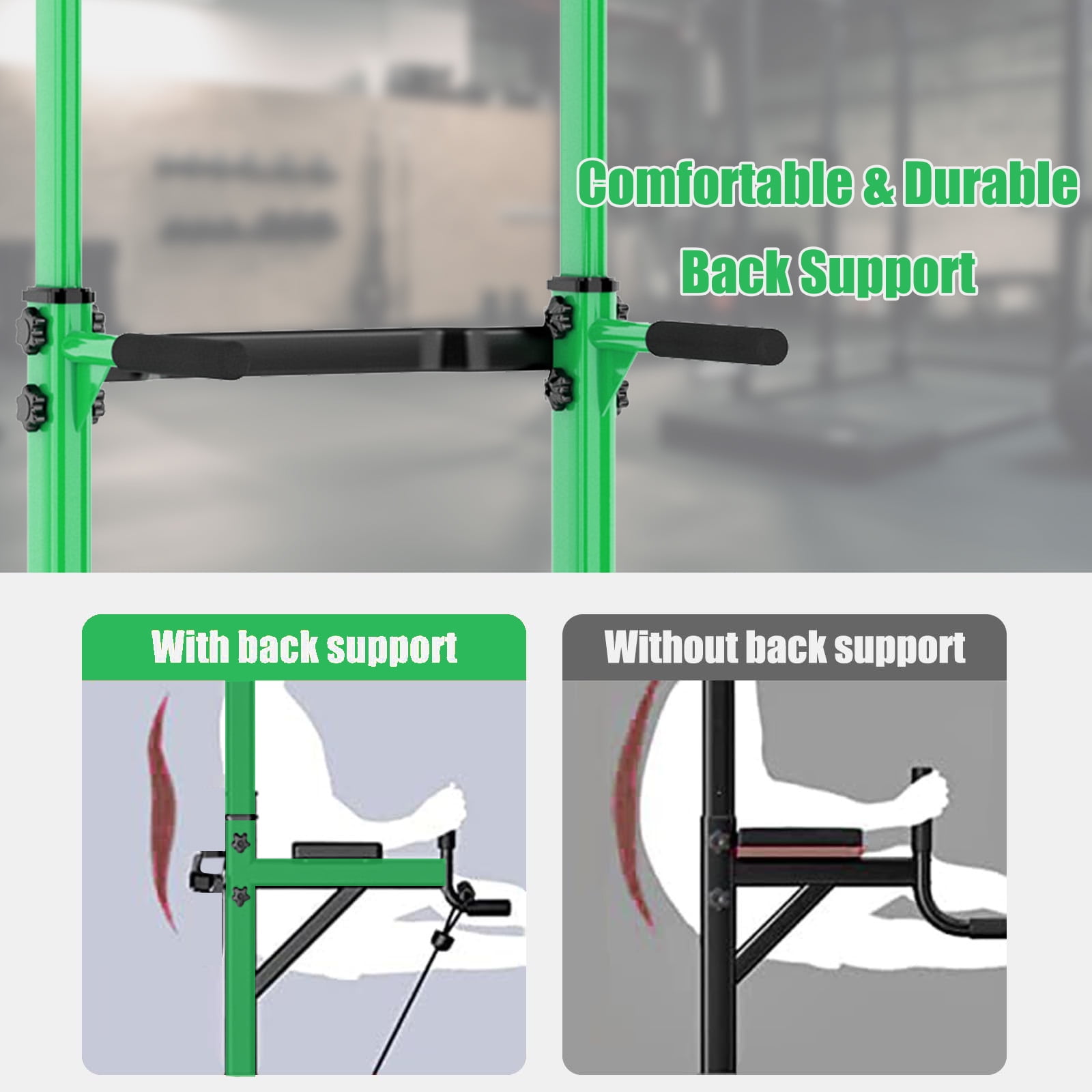 PROHIKER Power Tower Dip Station, Pull Up Bar Stand Power Rack with Backrest, Height Adjustable Strength Training Equipment for Fitness Home Workout, Green