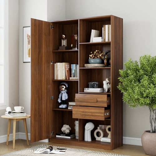 68.9" H Tall Freestanding Storage Cabinet with Fluted Door, 2 Drawers & Open Shelves – Multi-Purpose Organizer for Bedroom, Living Room, Entryway & Office