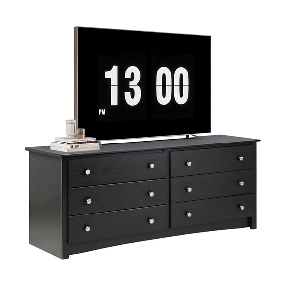 edx 59in Wood Dresser 6 Drawer, Black Storage Cabinet, Vintage Dresser, Chest of Drawers for Bedroom and Living Room, Black