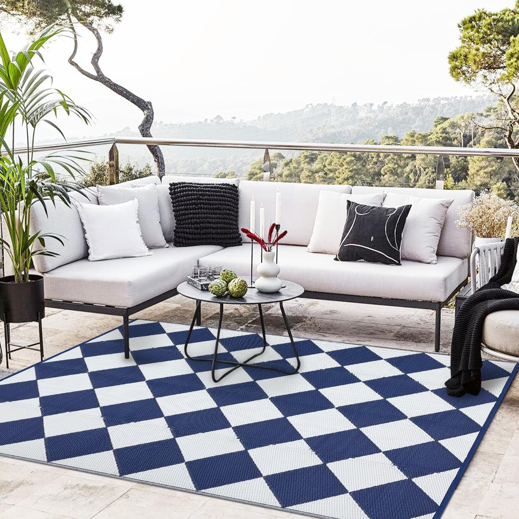 Volkmi Outdoor Rug–Waterproof Reversible Plastic Straw Patio Mat, Modern Geometric & Checkered, Easy Clean, Collapsible with Carry Bag, Navy/White, for Camping, Beach – 9*12ft