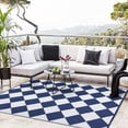 thumbnail image 2 of Volkmi Outdoor Rug–Waterproof Reversible Plastic Straw Patio Mat, Modern Geometric & Checkered, Easy Clean, Collapsible with Carry Bag, Navy/White, for Camping, Beach – 9*12ft, 2 of 8
