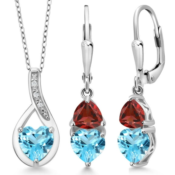 Gem Stone King 925 Sterling Silver Swiss Blue Topaz and Red Garnet Pendant Earrings Set for Women (4.48 Cttw, Gemstone November Birthstone, with 18 inch Chain)
