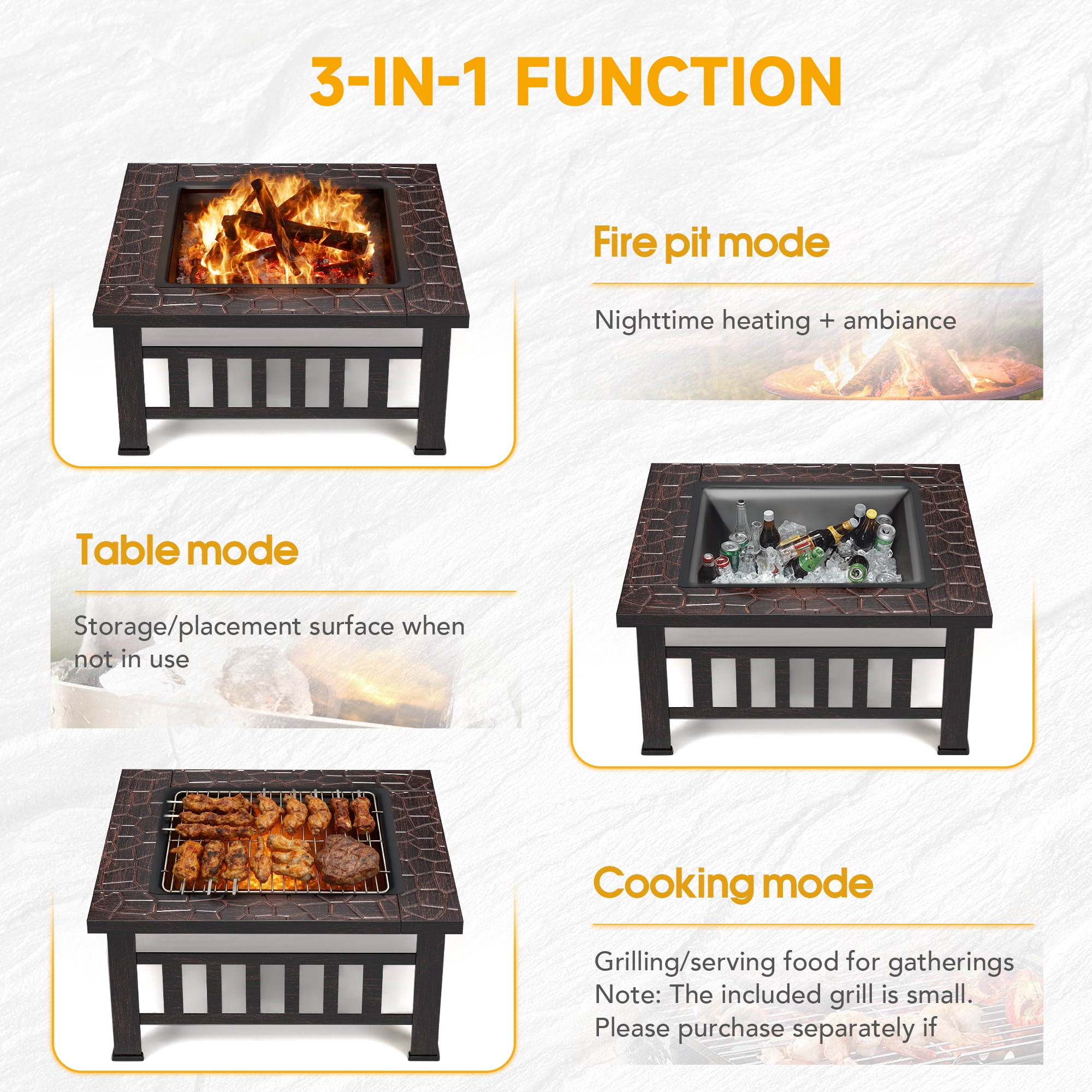 Lacoo 32" Patio Square Fire Pit Table for Patio Backyard BBQ, Ice Storage with Mesh Lid, Poker and Cover, Brown