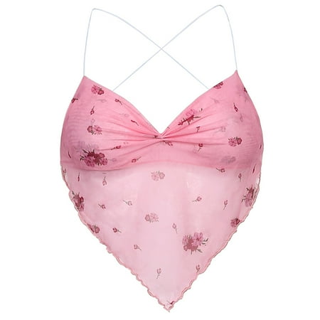 

Women Sexy Sheer Mesh Camisole Floral Print Criss Cross Tie Back Crop Cami Tops