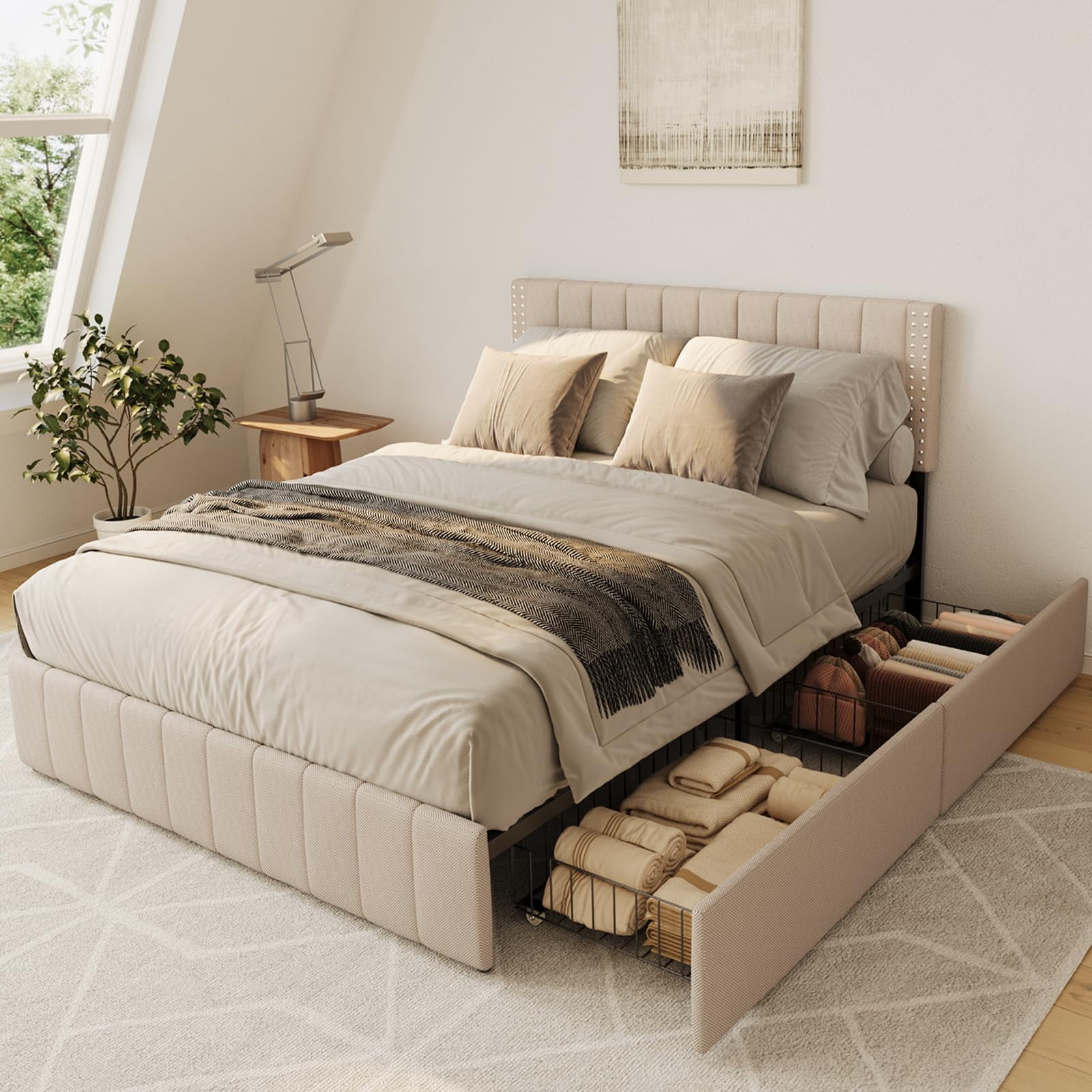 Lofka Full Size Platform Bed Frame with Adjustable Upholstered Headboard and Storage Drawers, Beige