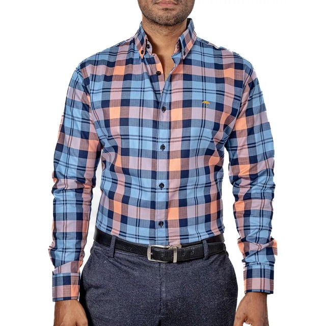 Camisa Hombre Casual Cuadros Azul, Naranja, Marino Platino