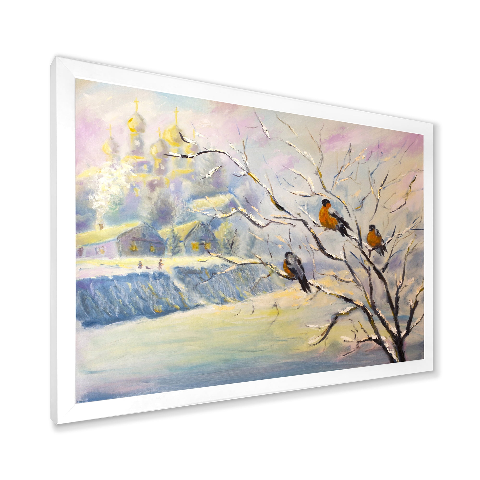 Designart 'Rustic Birds Sitting On A Tree In Winter Village' Farmhouse Framed Art Print