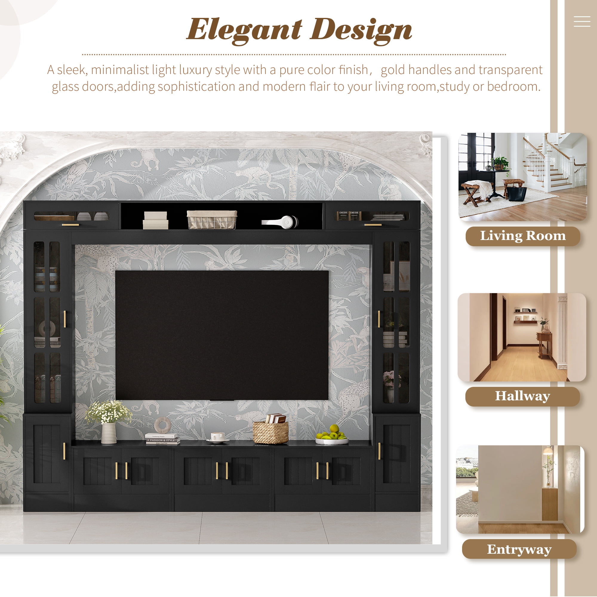 Aukfa Modern 98.4" Wall Unit TV Stand for TVs up to 80",Entertainment Center with Glass Doors & Storage Cabinets for Living Room Furniture, Black