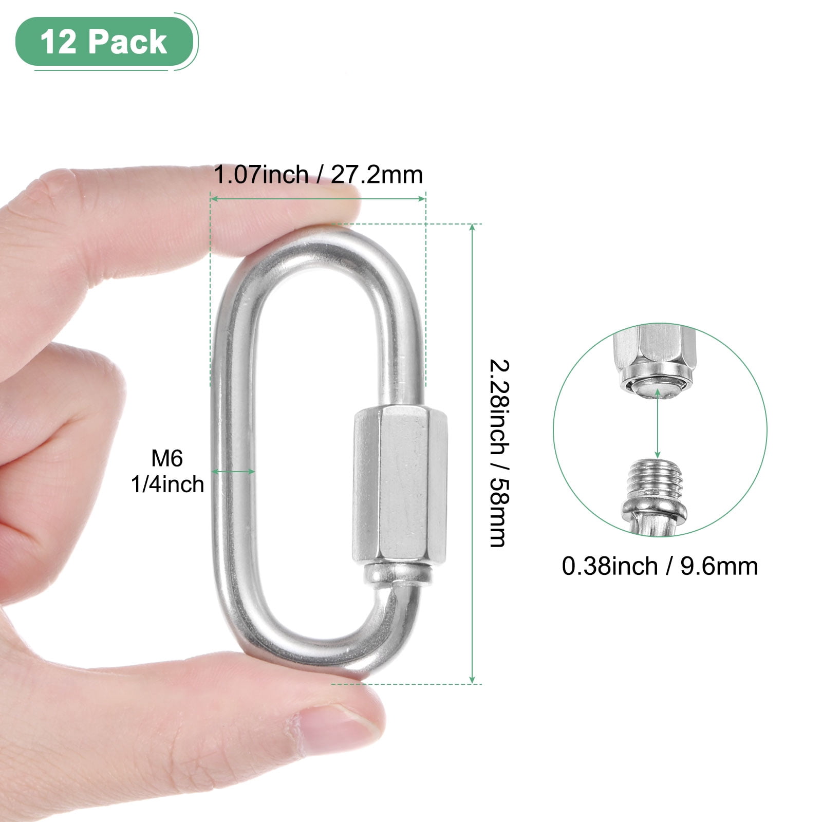 12-Pack Quick Chain Link Connector, M6 1/4 304 Stainless Steel D-Shape Locking Repair Chain Links for Swing/Camping/Hiking/Backpack, Twist Key Ring Screw Chain Link [Silver]