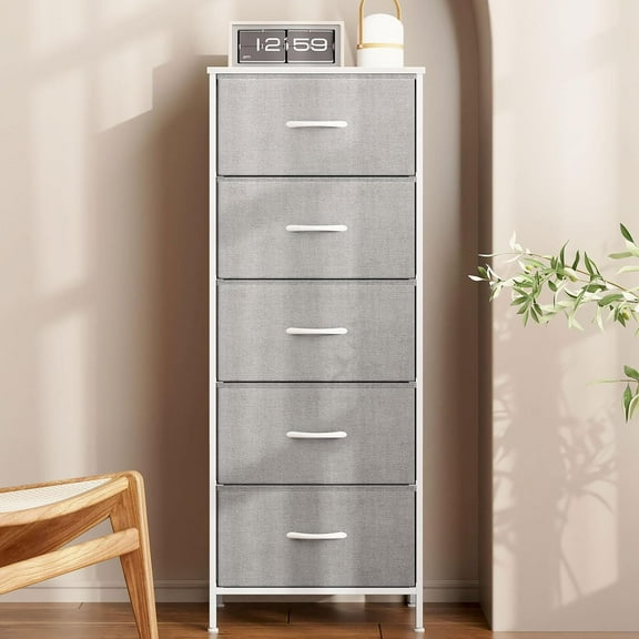 Dresser for Bedroom with 5 Storage Drawers, 48" Tall Chest of Drawers Fabric Dressers with Sturdy Steel Frame, Light Grey