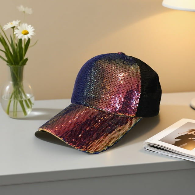 Gorra de béisbol con lentejuelas brillantes, ajustable, de malla, transpirable, para el sol, de viaje y con visera para fiestas, para mujer.