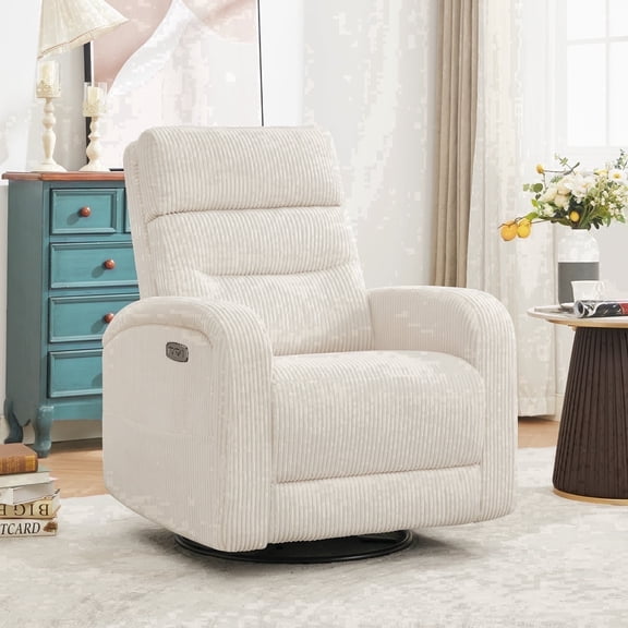 Aemeios Swivel Corduroy Rocker Glider Power Rocking Recliner with USB and Type-C Ports, White