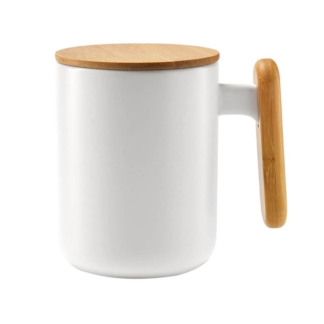 Taza de cerámica mate con tapa de bambú natural-hanoi blanco 7.3 x 11.8