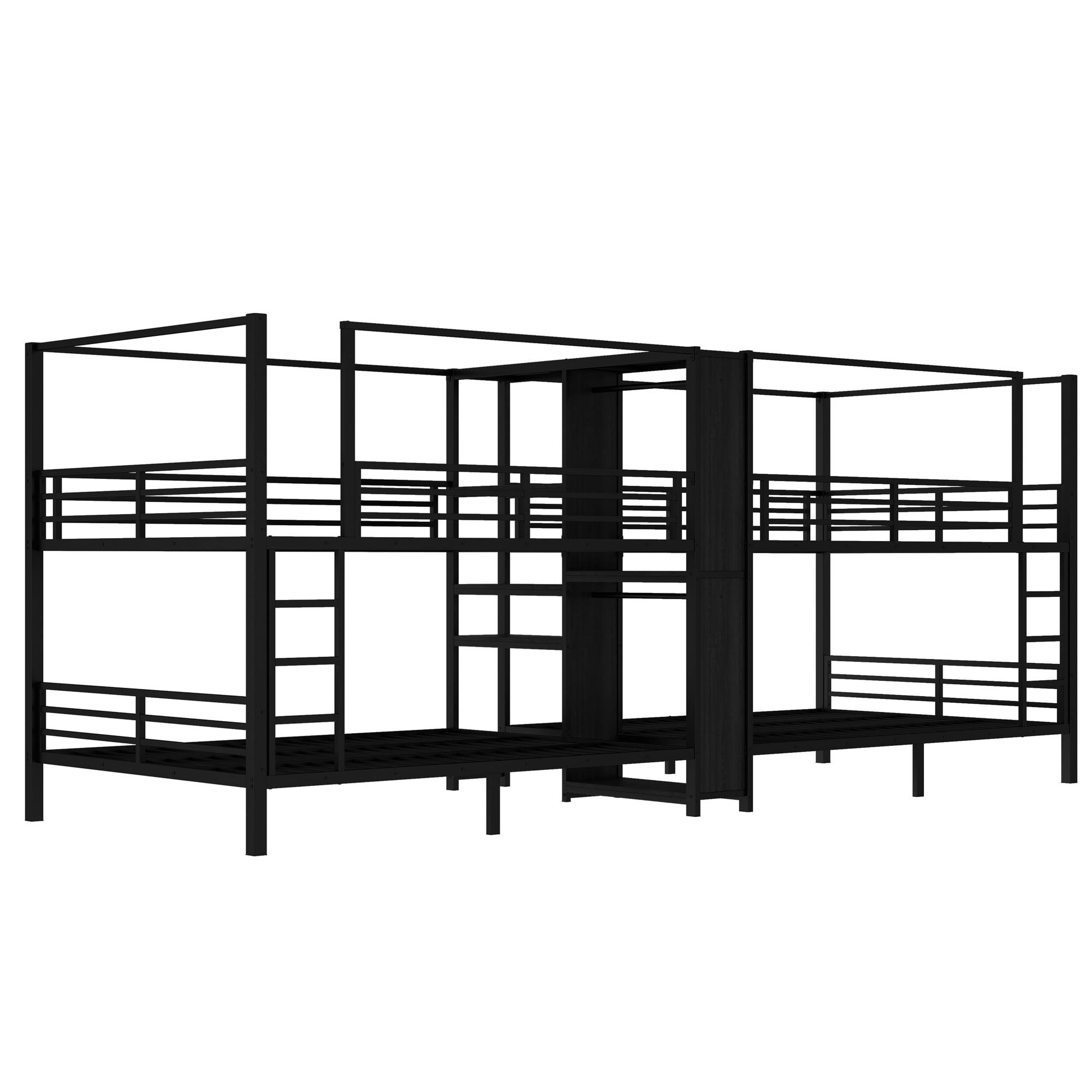 Queen Size Quadruple Metal Bunk Bed,Quadruple Bunk Bed with Built-in Storage Shelves & Wardrobe,Noise-reduced Design,Black