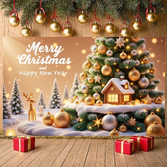 Golden Silver Decor Christmas Banner Festive Tree Holiday Backdrop Snowy Cabin Sparkling Lights New Year Display for Christmas Party New Year Celebration Holiday Decoration
