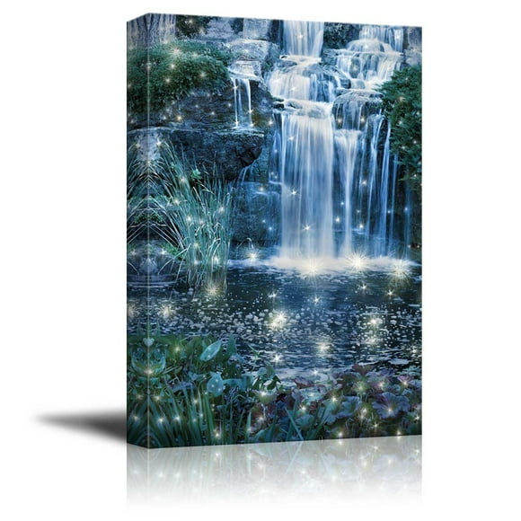 wall26 - Impressions sur Toile Art Mural - Scène de Cascade Nuit Magique (Fantaisie, Fée, Cascade) Décoration Murale Moderne/décoration Maison Galerie Étirée Impression sur Toile. Prêt à Accrocher - 24 Pouces x 36 Pouces