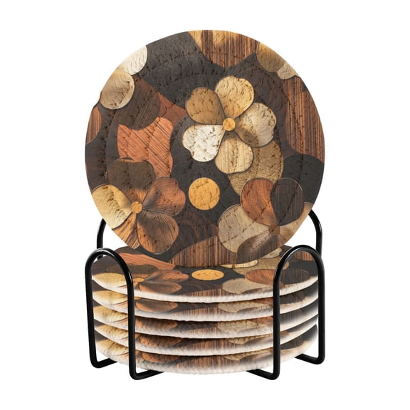 Yayeee 6 PCS Drink Coasters with Holder Set Woven Absorbent Round Tabletop Hot Pad, Gold Flower
