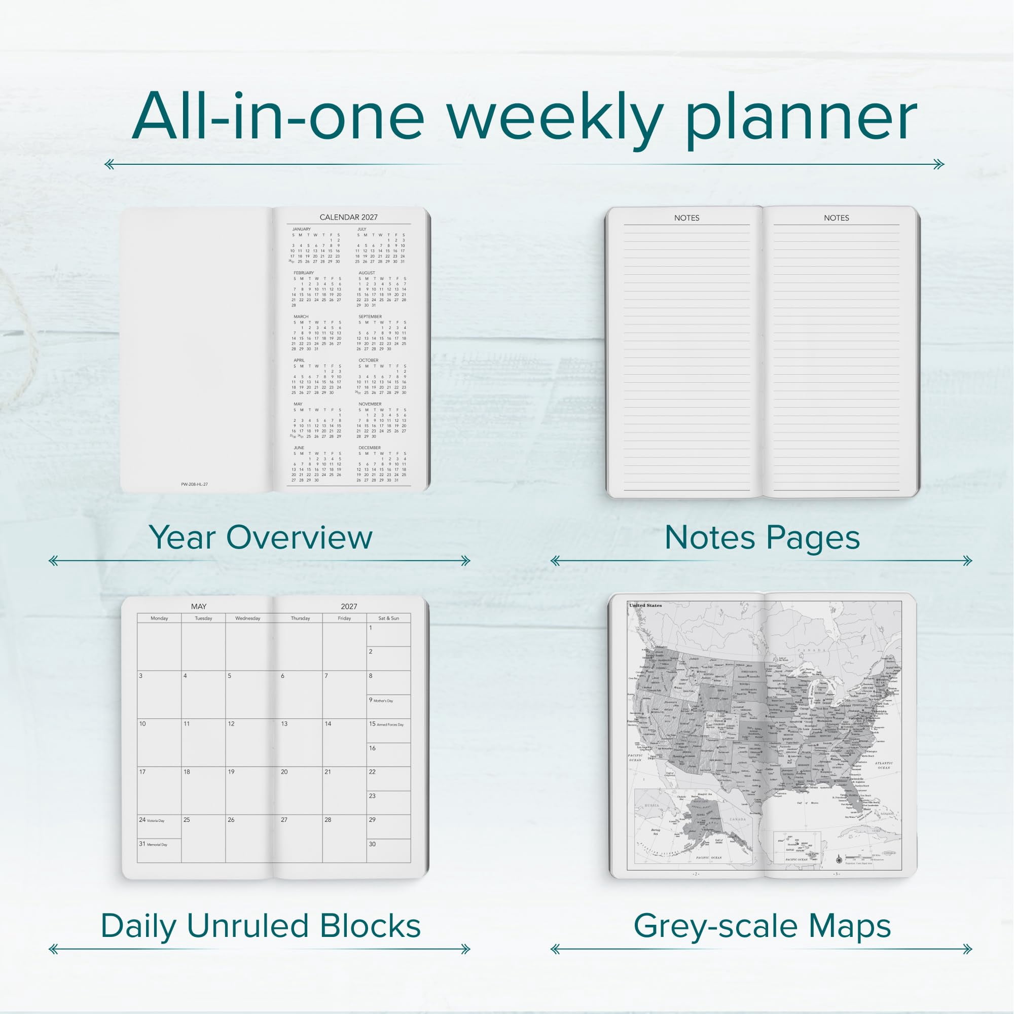 Harbor Pocket Weekly Monthly Planner 2027, Calendar Planner and Notebook, Durable Faux Leather, 192 Pages, Softcover & Book Bound - Leida Pine - 6x3.25"
