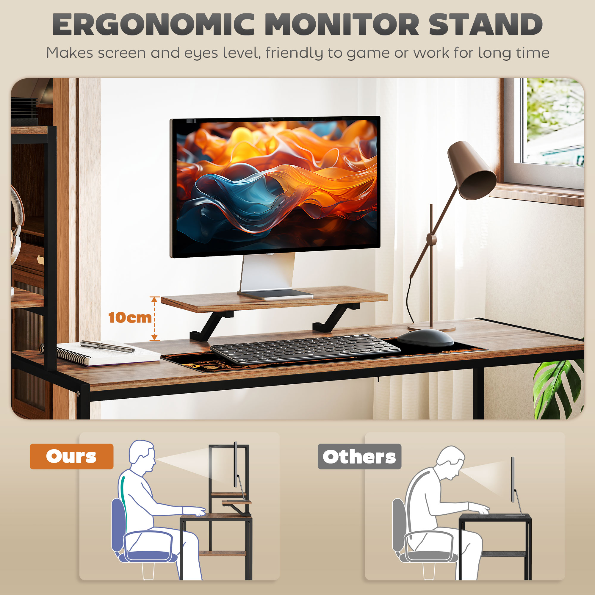 HOMCOM 67" Computer Desk with Monitor Stand, 4-Tier Reversible Home Office Desk with Printer Shelf or CPU Stand, Industrial Writing Desk, Brown