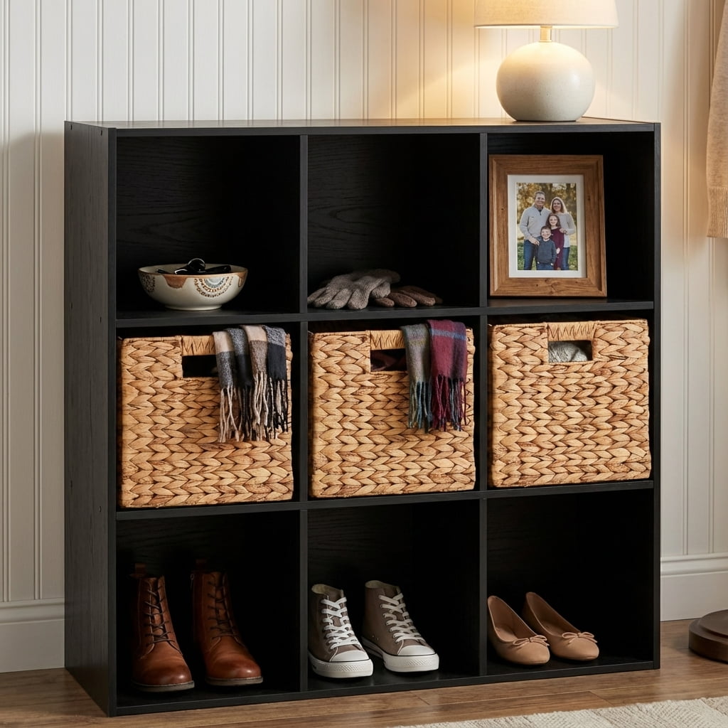 TrumanPick 9 Cube Storage Organizer, Stackable Cube Bookshelf, Wood Cubes Shelf Open Storage Shelf for Toy &Clothes Book Organization, Blakck