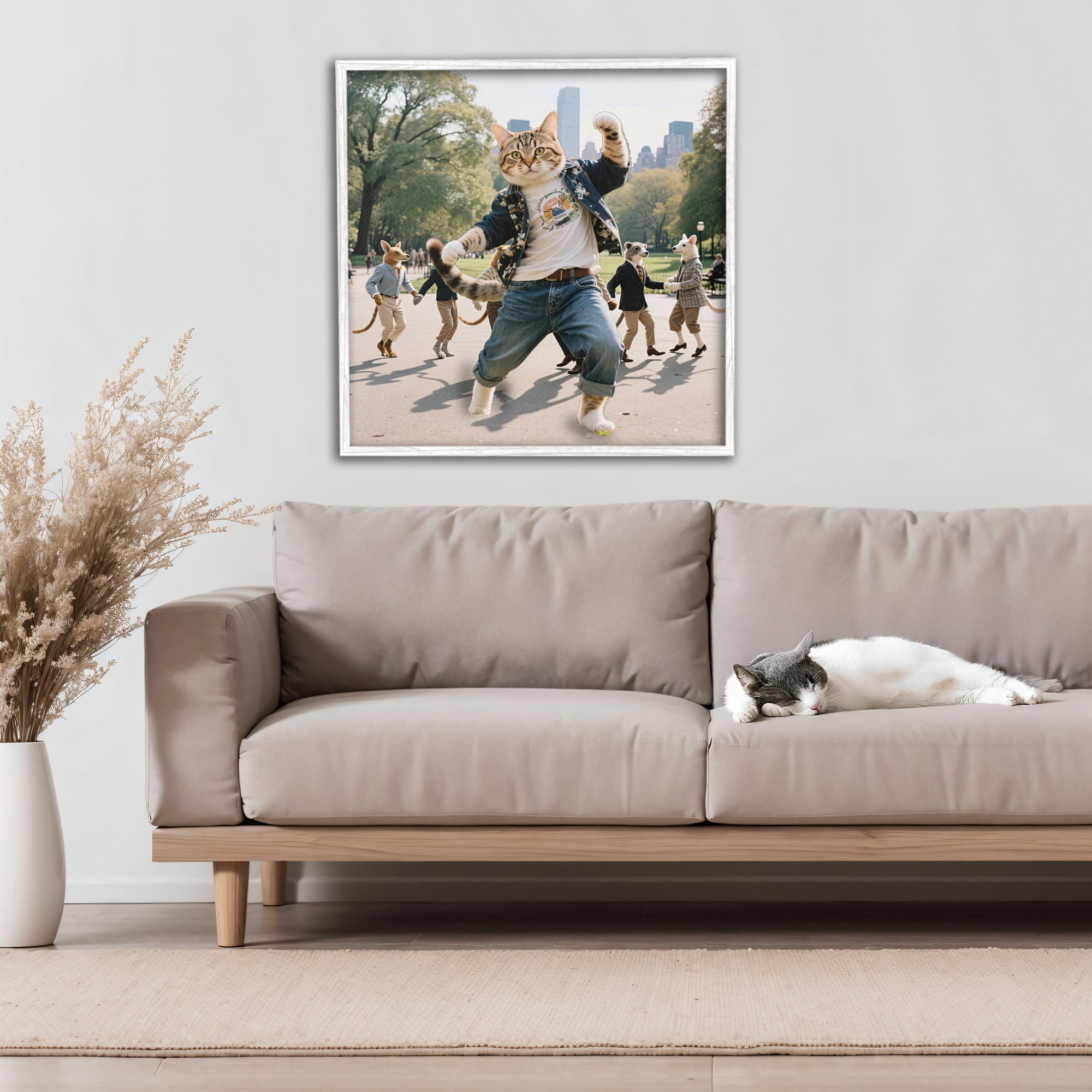 Stupell Industries Stylish Cat Dancing in Park White Framed Giclee Art, design by CAD Designs