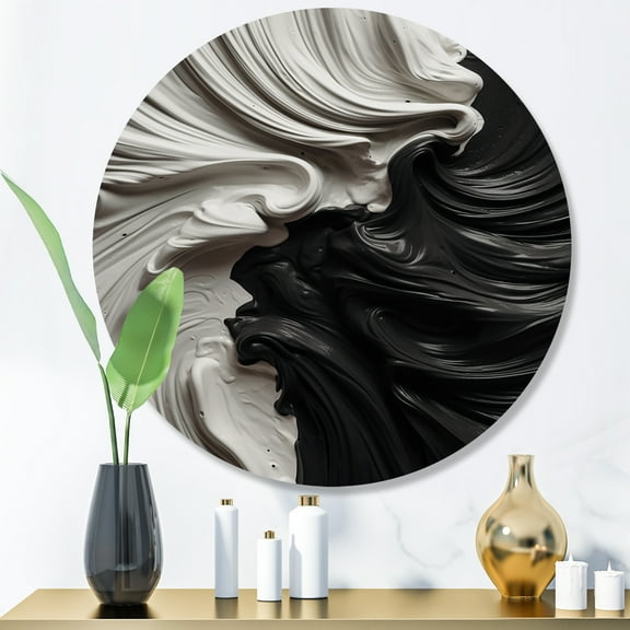 Designart "Marbled Dreamscape Black and White I" Modern Geometric Metal Round Art Print