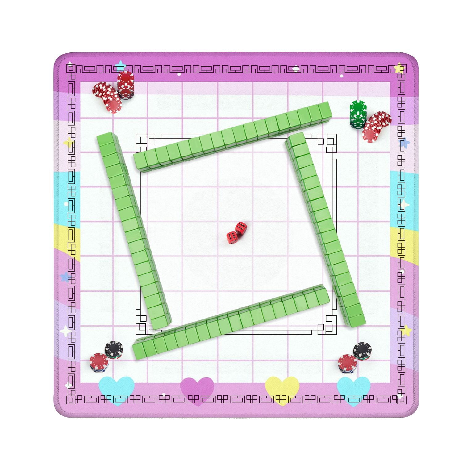Mahjong Mat 31.5" x 31.5" Pastel Rainbow Heart Themed Grid Design Stars Clouds Non-Slip Noise Reduction American Mahjong Tiles Table Cover for Dominoes Poker Card Board Games Gift