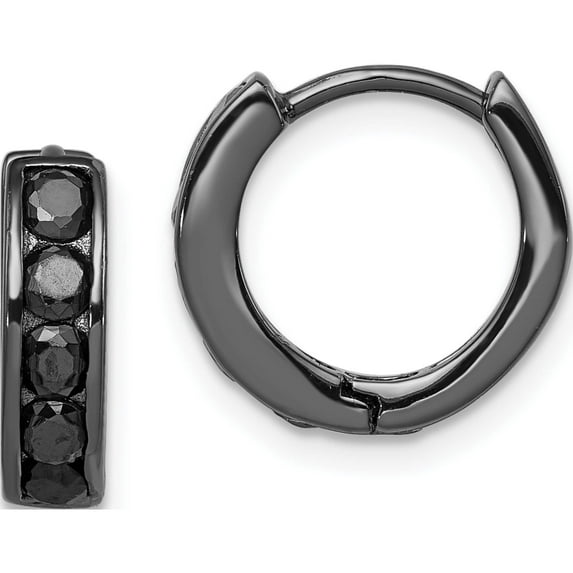 Sterling Silver Black Rhodium Plated Cz Hinged Hoop Earrings (13 X 14) Made In China qe9263