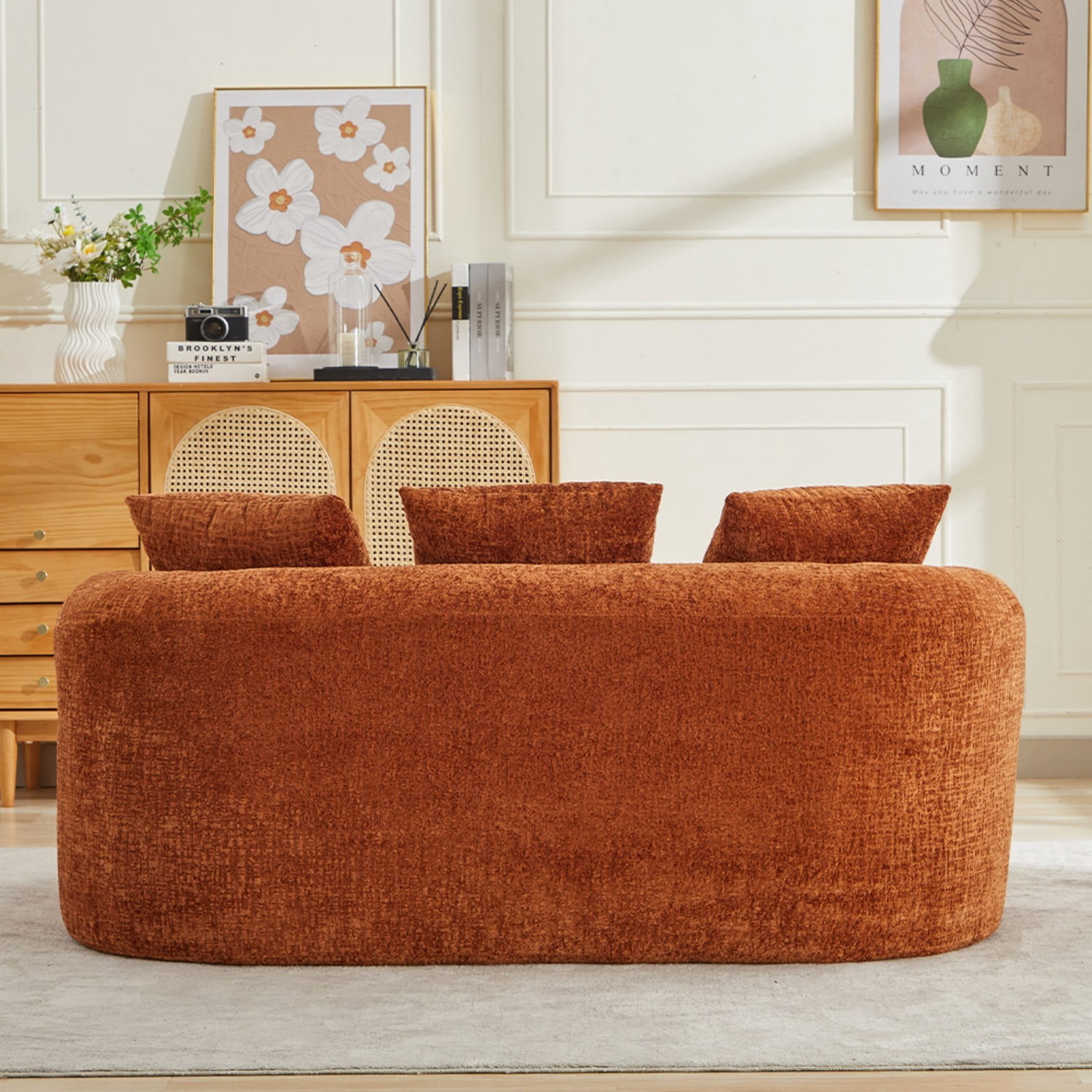 Curved Loveseat Sofa Chenille Upholstered Deep Seat 2 Seater Couch with 3 Pillows No Assembly Required for Apartment Living Room Bedroom, Orange
