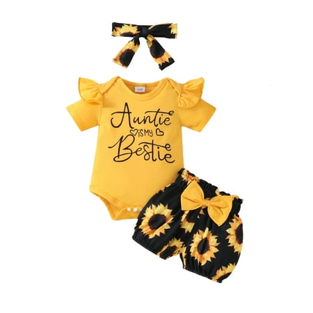 

Baby Girls Short Sleeve Shorts Set Flying Sleeve Letter Top Sunflower Flower Shorts Headband Baby Girl Outfit Teens Two Piece Blanket with Matching Headband Cute New Born Outfits Juniors Outfits for