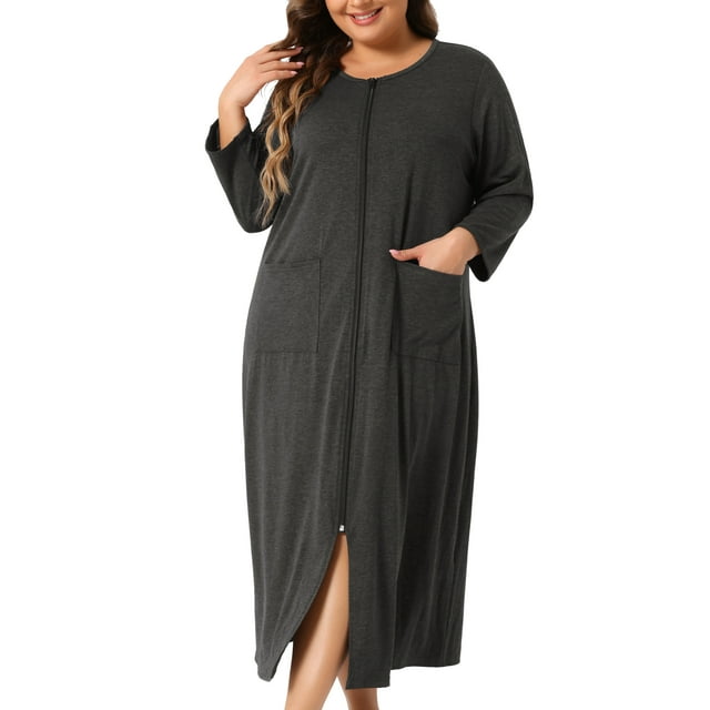 Batas de dormir para mujer Agnes Orinda de talla grande con cremallera, manga 3/4, bata maxi de casa con bolsillos, 3X negra