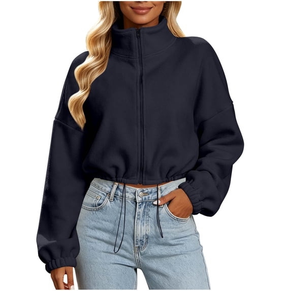 thefmos Women's Stand Collar Zip Up Cropped Jacket Drawstring Hem Solid Color Casual Winter Coat Fashion Fall Outfit, Navy L