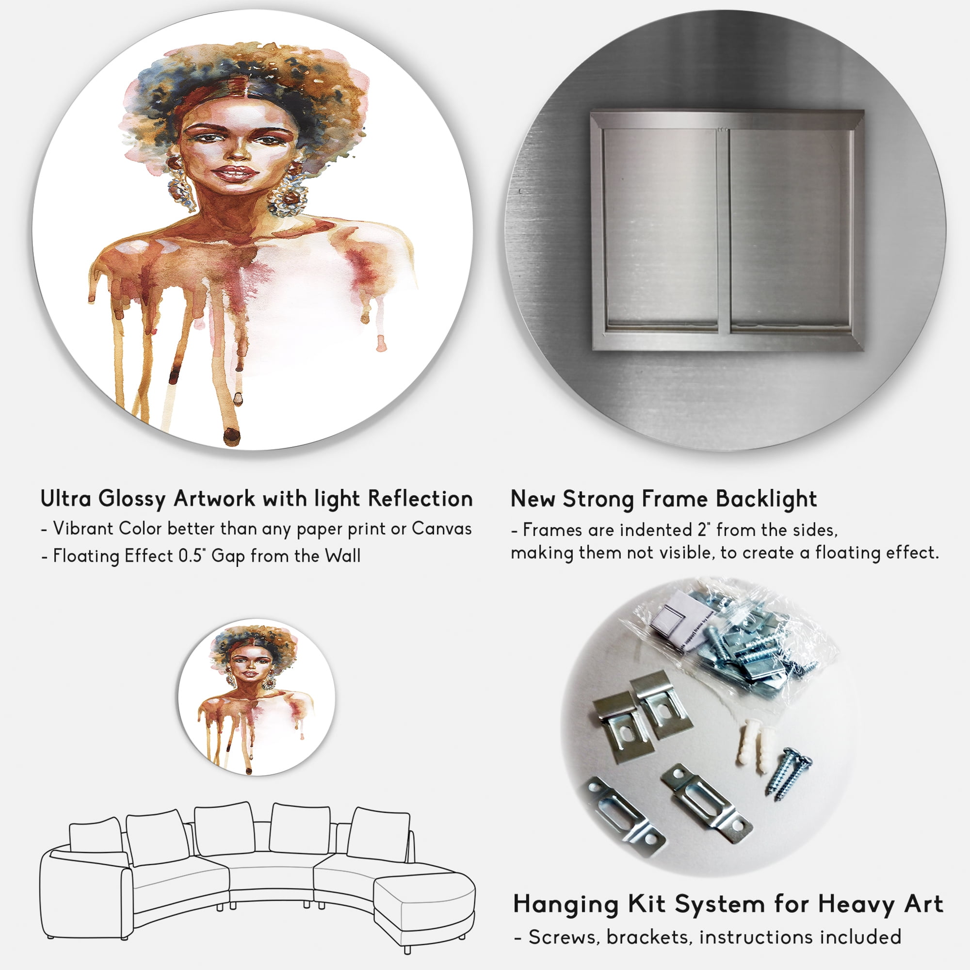 Designart 'Portrait of Afro American Woman XIII' Modern Circle Metal Wall Art 11x11 - Disc of 11