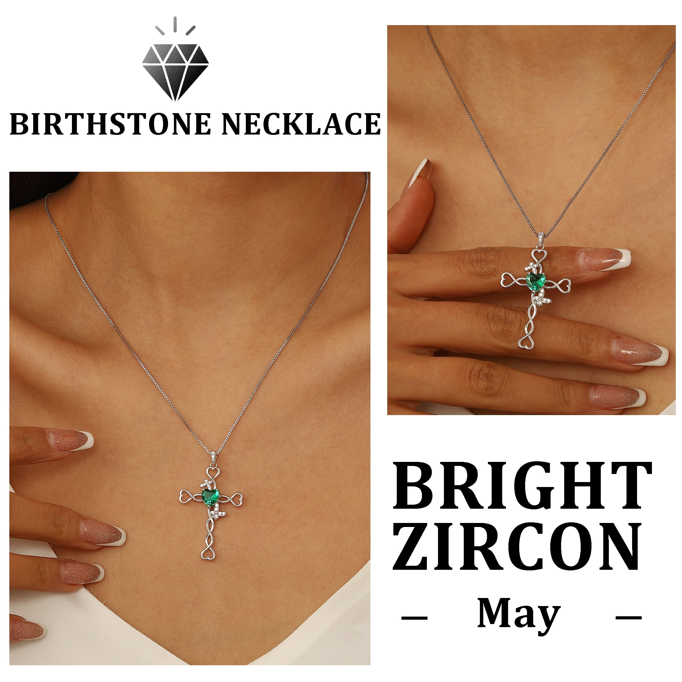 Beautlace 925 Sterling Silver Cross May Emerald Heart Birthstone Necklace,Butterfly Pendant Necklace Jewelry Birthday Christmas Gifts for Women/ Wife /Lover