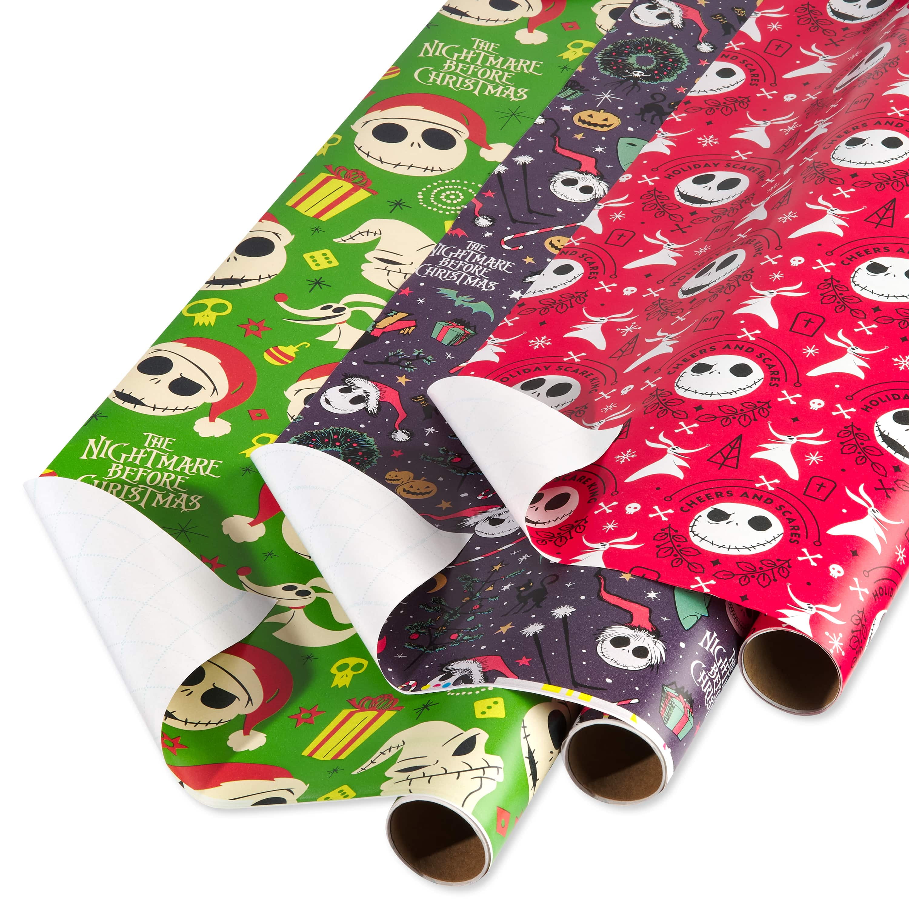 American Greetings Nightmare Before Christmas Wrapping Paper Bundle with Cut Lines, Jack Skellington and Zero (3 Rolls, 105 sq. ft.)