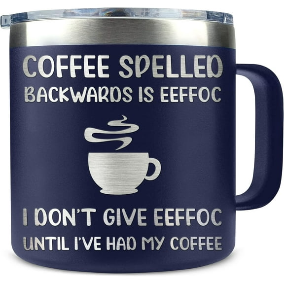 Coffee Spelled BackWards Is Eeffoc Coffee Navy Mug/Tumbler 14oz Gift For Gift For Women, Men, Boss, Coworker, Employee, Friend - Gifts For Coffee Lovers - Birthday, Christmas Gift Ideas