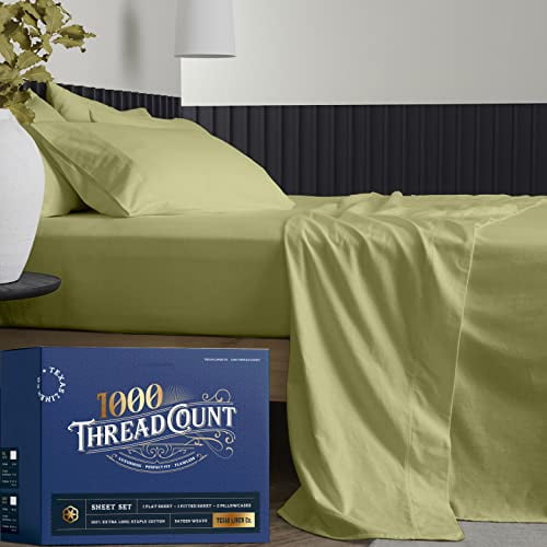 TEXAS LINEN CO. Cotton Bed Sheets (Queen, 1000 Thread Count) Sage Green Sheets and Pillow Cases Set (4 Pc) - Cotton Sheets Queen Size Bed- Sateen Weave Sheets- 16