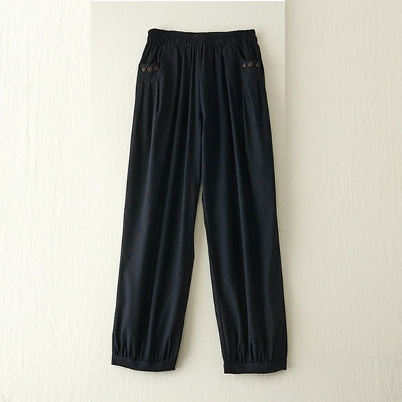 Lilgiuy Women's Solid Elastic Embroidered Cotton Hemp Capris for Fishing Outdoor Activities