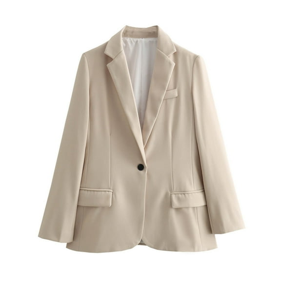 Breezora Women's Casual Single Button Blazer Lapel Open Front Long Sleeve Pocket Jacket L Size Beige