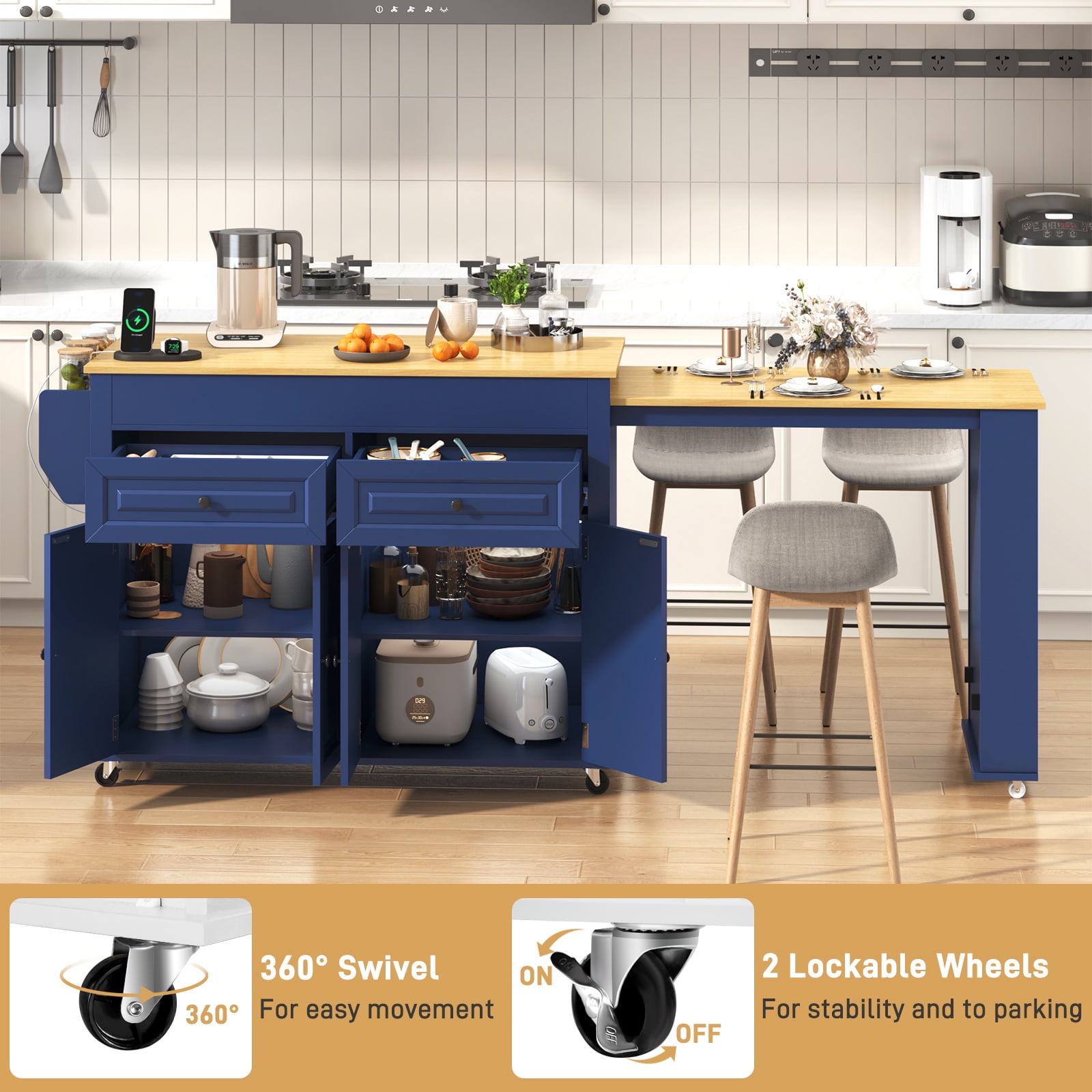 ANPOO Large Kitchen Island with Extendable Dining Table and Power Outlet, Rolling Kitchen Island Cart on Wheels with 2 Storage Cabinets & 2 Drawers & 3 Spice Racks, Island Table for Kitchen