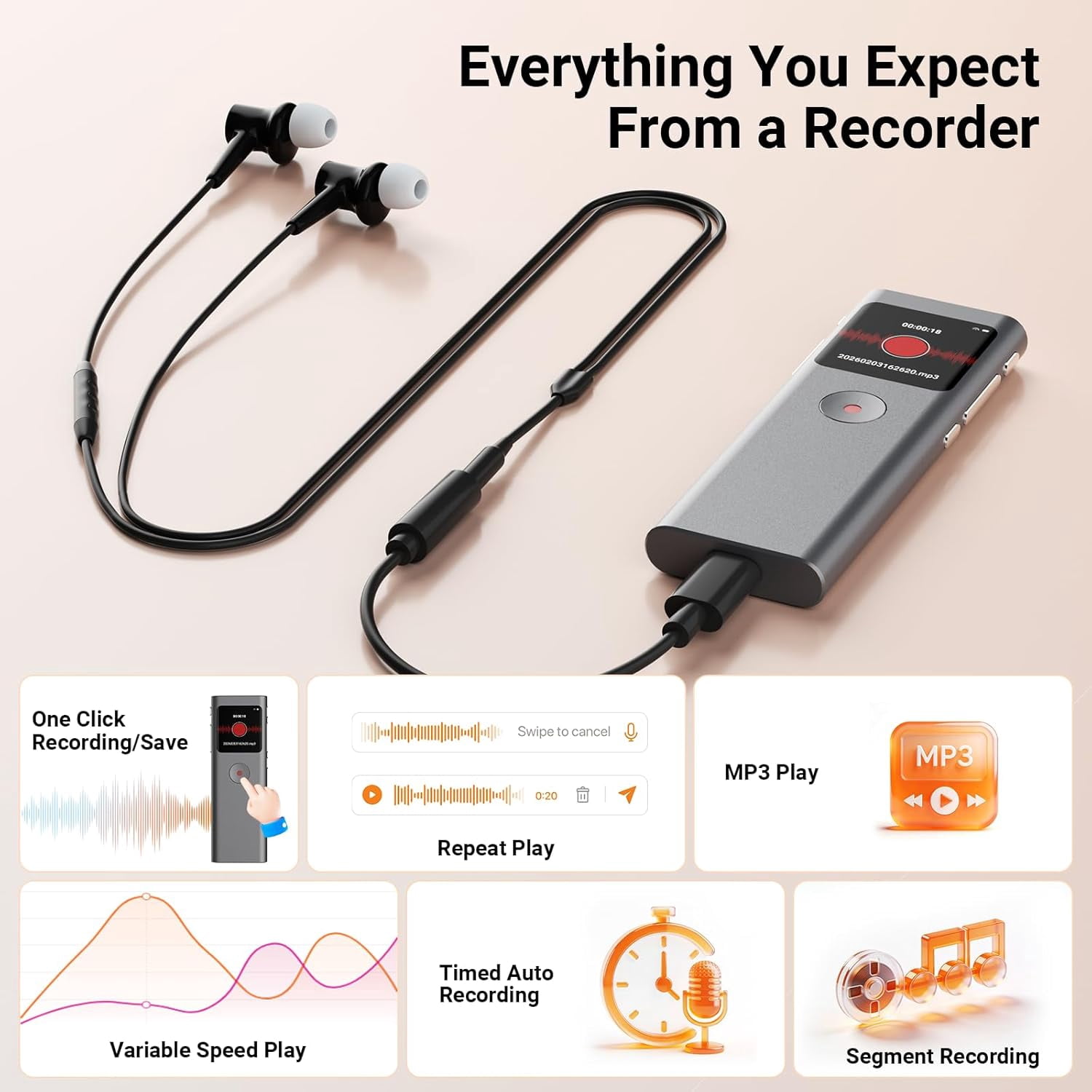 AI Digital Voice Recorder with Transcribe & Summarize, AI Note Taker for Meeting & Lectures, Voice Activated Recorder with Playback, Supports 90+ Languages Recording Device, Portable Tape Recorder