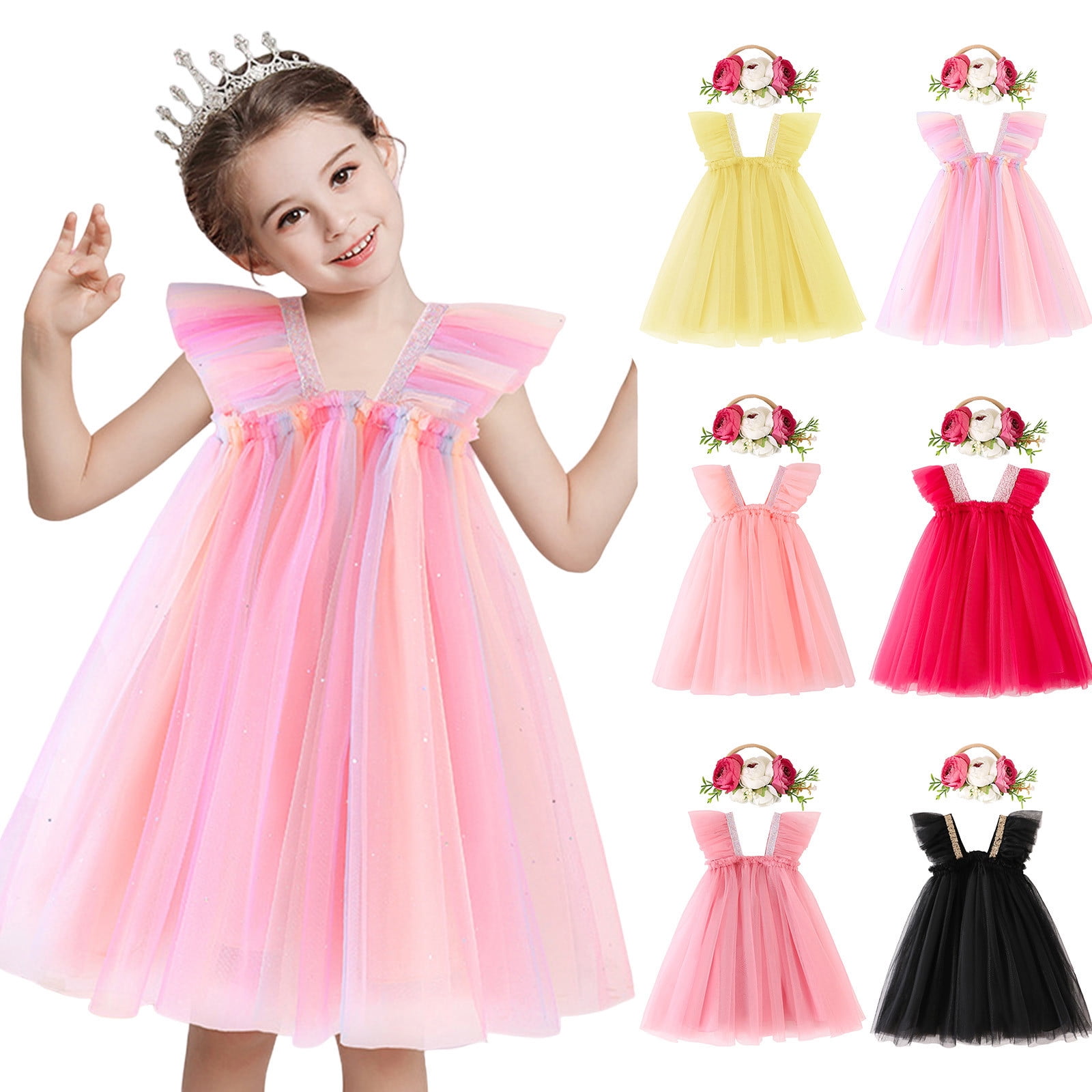 nsendm Girls Dress Big Kid Clothes Birthday Dresses for Girls 5 Years Old Toddler Girls Fly Sleeve Sequined Solid Colour Tulle Long Sleeve Romper for Pink 2 3 Years Walmart