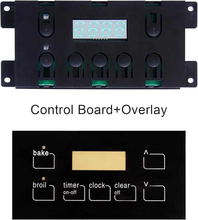 Replacement control board compatible for Frigidaire 5304518661, 316455570 replacement for Electrolux,Kenmore, Gas Range 7 Button Control Board Clock, white overlay and balck overlay included