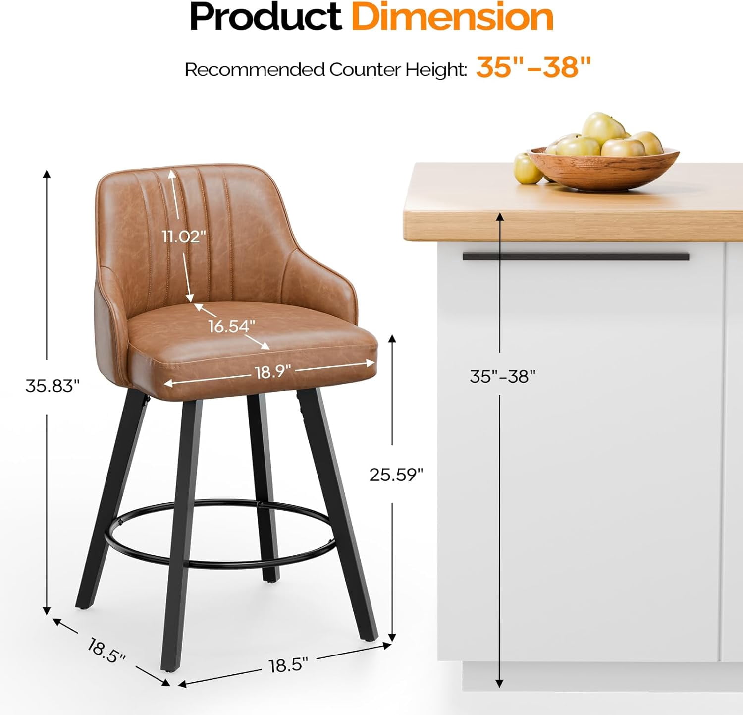 VINGLI 26" H Swivel Barstools Set of 2, PU Leather Upholstered Counter Stool with Back, Kitchen High Chairs Counter Height Bar stools with Cushion, Solid Wood Legs, Black