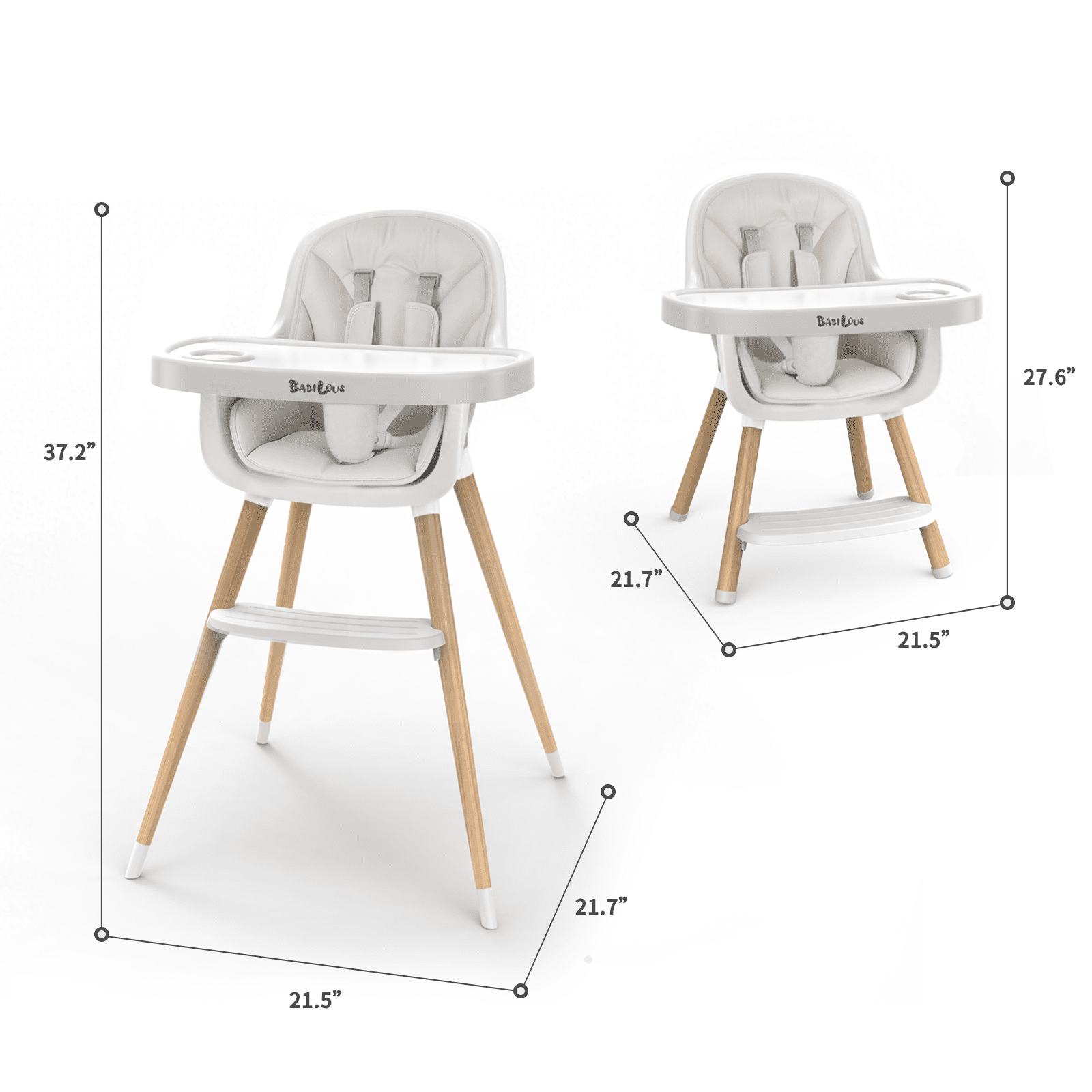 Babilous Baby High Chair, Wooden Highchair with Removable Tray, Adjustable Legs, Cushion, 5-Point Harness and Footrest for Infants, Baby, Toddlers, Gray