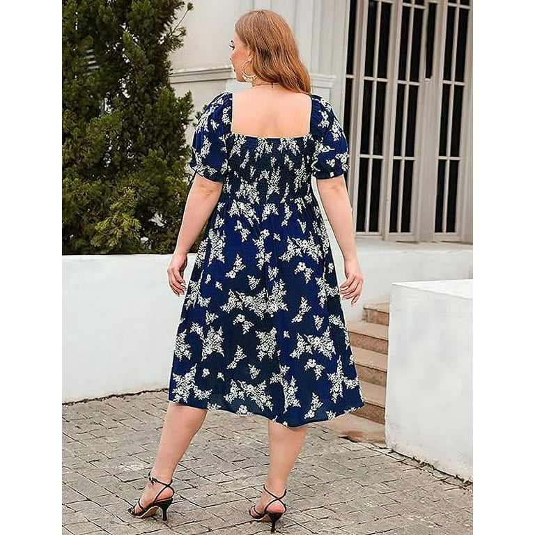 Rose Round Womens Plus Size Square Neck Smocked Midi Dress Floral Casual Dress with Puff Sleeve Pockets Blue 3xl Women s