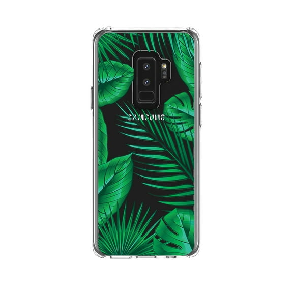 DistinctInk Clear Shockproof Hybrid Case for Samsung Galaxy S9  PLUS (6.2" Screen) - TPU Bumper, Acrylic Back, Tempered Glass Screen Protector - Green Tropical Leaves
