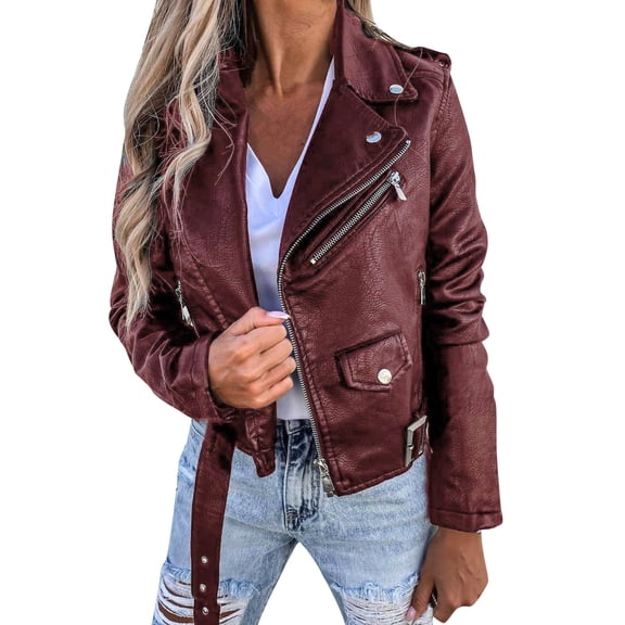 Women's Moto Jacket, Leather Biker Coat, Classic Short Moto Outerwear for Fall Winter Daily Wear