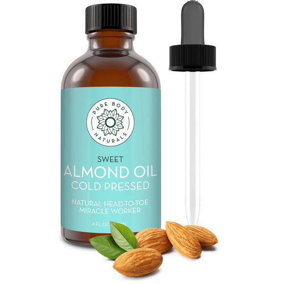 Sweet Almond Oil for Hair, Skin, and Nails, Therapeutic Carrier Oil 4fl oz by Pure Body Naturals